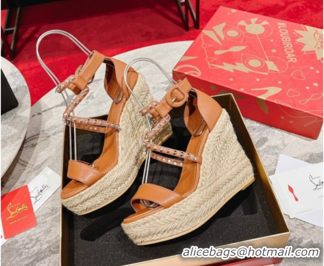 Good Quality Christian Louboutin Malfadina Zeppa Wedge Sandals 12cm in Leather and Spikes Brown 0604130