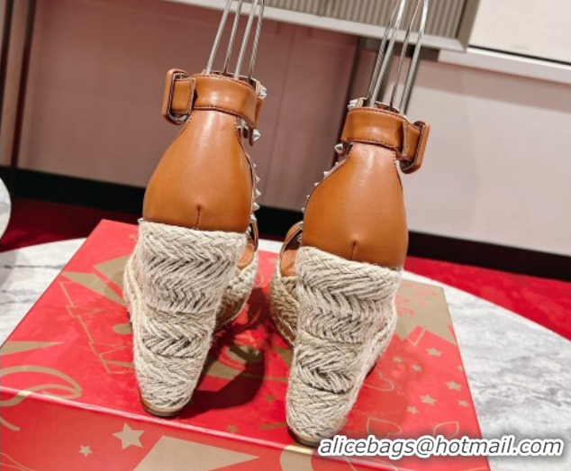 Good Quality Christian Louboutin Malfadina Zeppa Wedge Sandals 12cm in Leather and Spikes Brown 0604130