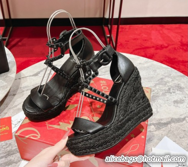 Low Price Christian Louboutin Malfadina Zeppa Wedge Sandals 12cm in Leather and Spikes Black 0604131