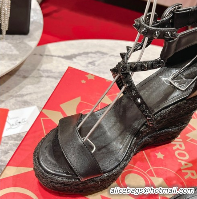 Low Price Christian Louboutin Malfadina Zeppa Wedge Sandals 12cm in Leather and Spikes Black 0604131