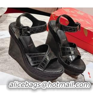 Luxury Cheap Christian Louboutin Malfadina Zeppa Wedge Sandals 12cm in Embossed Leather Black 0604132