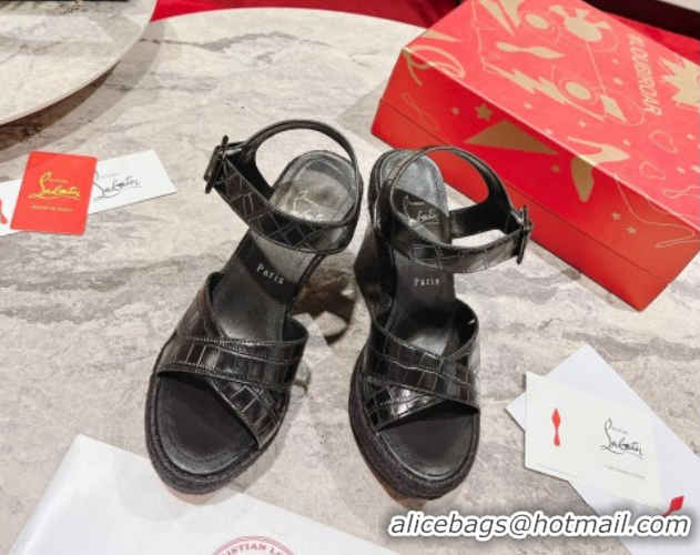 Luxury Cheap Christian Louboutin Malfadina Zeppa Wedge Sandals 12cm in Embossed Leather Black 0604132