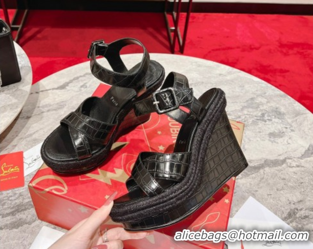 Luxury Cheap Christian Louboutin Malfadina Zeppa Wedge Sandals 12cm in Embossed Leather Black 0604132