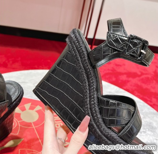 Luxury Cheap Christian Louboutin Malfadina Zeppa Wedge Sandals 12cm in Embossed Leather Black 0604132