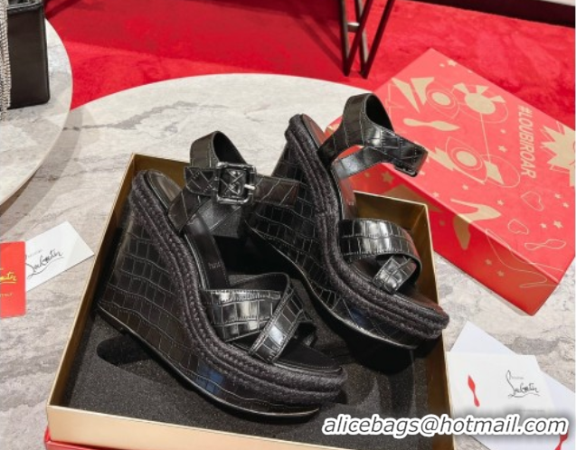 Luxury Cheap Christian Louboutin Malfadina Zeppa Wedge Sandals 12cm in Embossed Leather Black 0604132