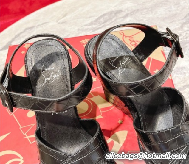 Luxury Cheap Christian Louboutin Malfadina Zeppa Wedge Sandals 12cm in Embossed Leather Black 0604132
