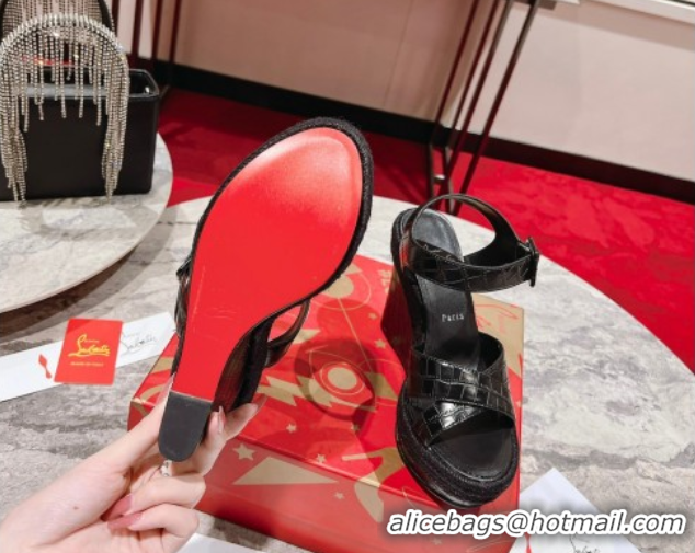 Luxury Cheap Christian Louboutin Malfadina Zeppa Wedge Sandals 12cm in Embossed Leather Black 0604132