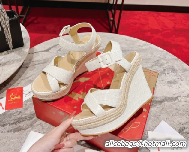 Luxury Christian Louboutin Malfadina Zeppa Wedge Sandals 12cm in Embossed Leather White 0604133