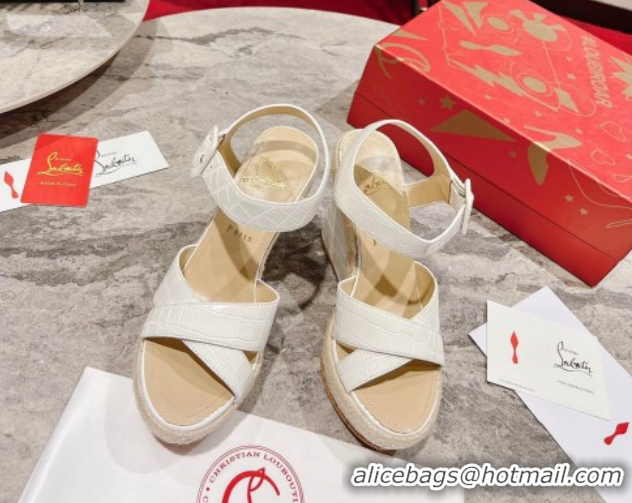 Luxury Christian Louboutin Malfadina Zeppa Wedge Sandals 12cm in Embossed Leather White 0604133