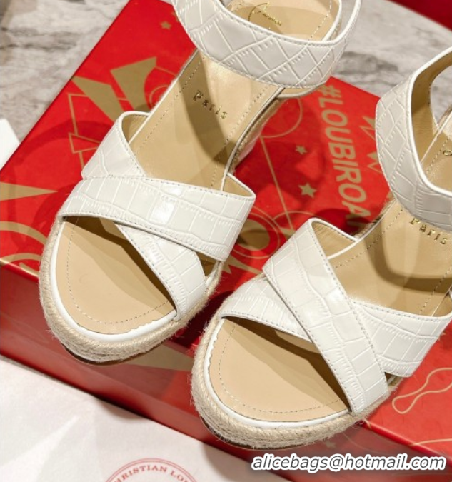 Luxury Christian Louboutin Malfadina Zeppa Wedge Sandals 12cm in Embossed Leather White 0604133