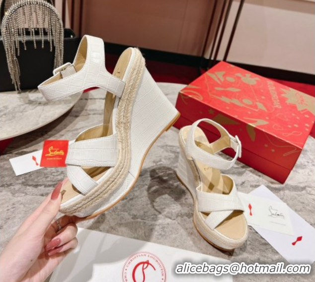 Luxury Christian Louboutin Malfadina Zeppa Wedge Sandals 12cm in Embossed Leather White 0604133