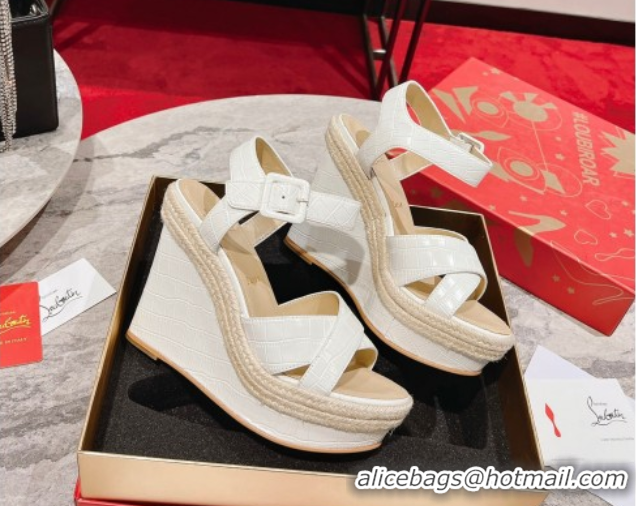 Luxury Christian Louboutin Malfadina Zeppa Wedge Sandals 12cm in Embossed Leather White 0604133