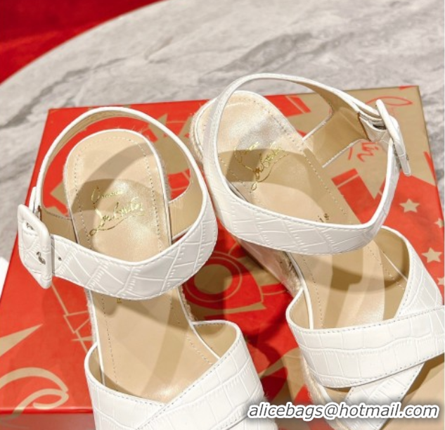 Luxury Christian Louboutin Malfadina Zeppa Wedge Sandals 12cm in Embossed Leather White 0604133