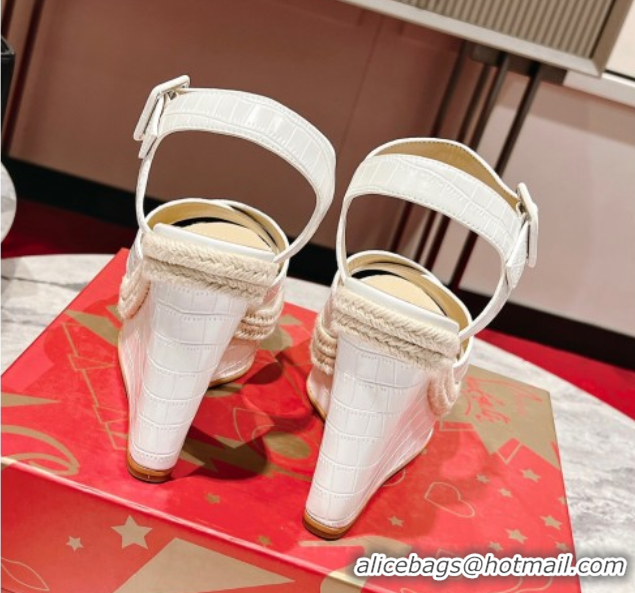 Luxury Christian Louboutin Malfadina Zeppa Wedge Sandals 12cm in Embossed Leather White 0604133