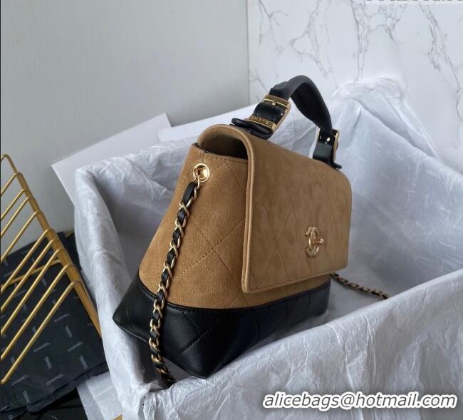 Top Quality Chanel Suede & Lambskin Large Flap Bag with Top Handle AS5637 Beige/Black 2025