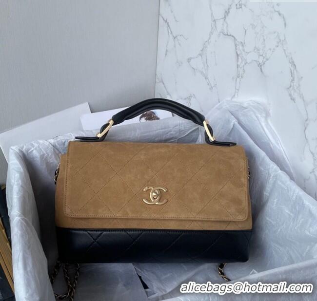 Top Quality Chanel Suede & Lambskin Large Flap Bag with Top Handle AS5637 Beige/Black 2025
