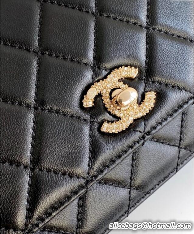 Discount Chanel Lambskin Wallet On Chain WOC with Strass and Top Band AP4323 Black 2025