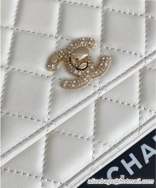 Good Looking Chanel Lambskin Wallet On Chain WOC with Strass and Top Band AP4323 White 2025