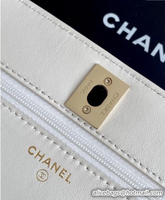 Good Looking Chanel Lambskin Wallet On Chain WOC with Strass and Top Band AP4323 White 2025