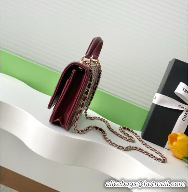 New Fashion Chanel Lambskin Wallet On Chain WOC with Strass and Top Band AP4323 Dark Burgundy 2025