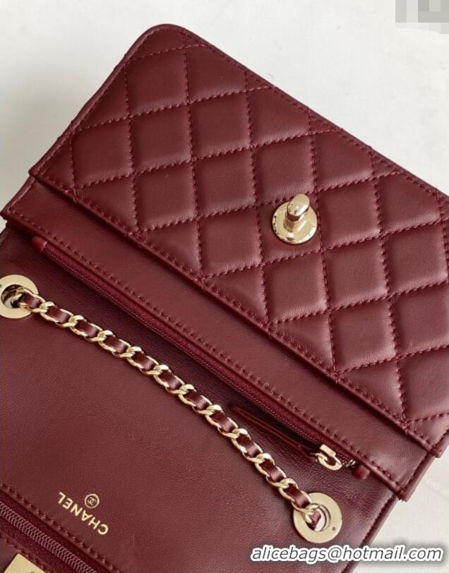 New Fashion Chanel Lambskin Wallet On Chain WOC with Strass and Top Band AP4323 Dark Burgundy 2025