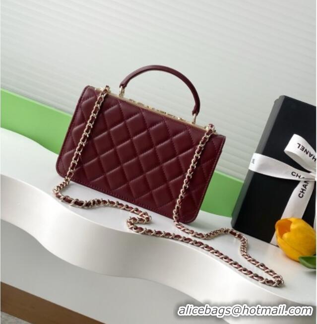 New Fashion Chanel Lambskin Wallet On Chain WOC with Strass and Top Band AP4323 Dark Burgundy 2025