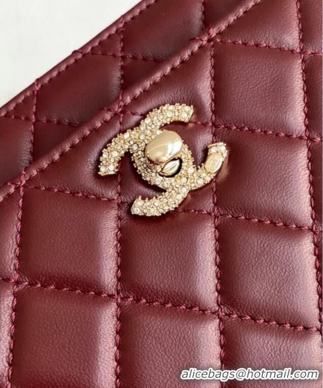 New Fashion Chanel Lambskin Wallet On Chain WOC with Strass and Top Band AP4323 Dark Burgundy 2025