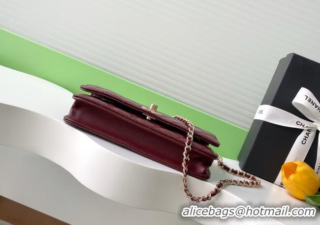 New Fashion Chanel Lambskin Wallet On Chain WOC with Strass and Top Band AP4323 Dark Burgundy 2025