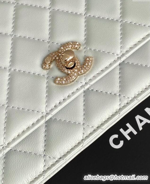 Low Cost Chanel Lambskin Wallet On Chain WOC with Strass and Top Band AP4323 Light Grey 2025