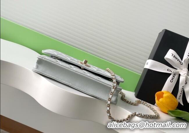 Low Cost Chanel Lambskin Wallet On Chain WOC with Strass and Top Band AP4323 Light Grey 2025