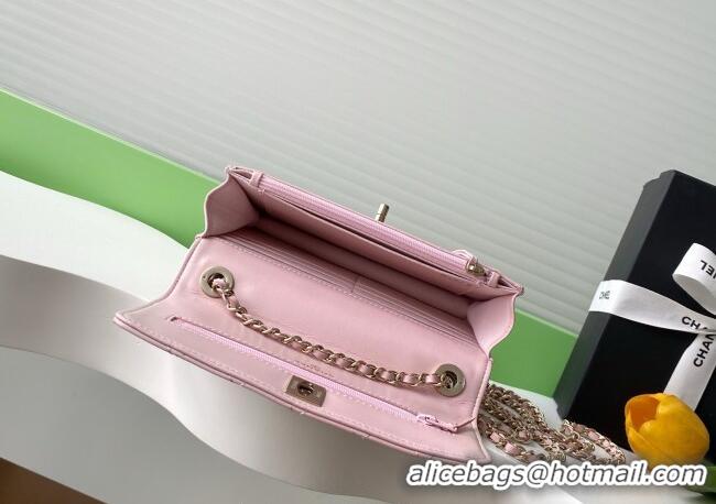 Top Grade Chanel Lambskin Wallet On Chain WOC with Strass and Top Band AP4323 Light Pink 2025