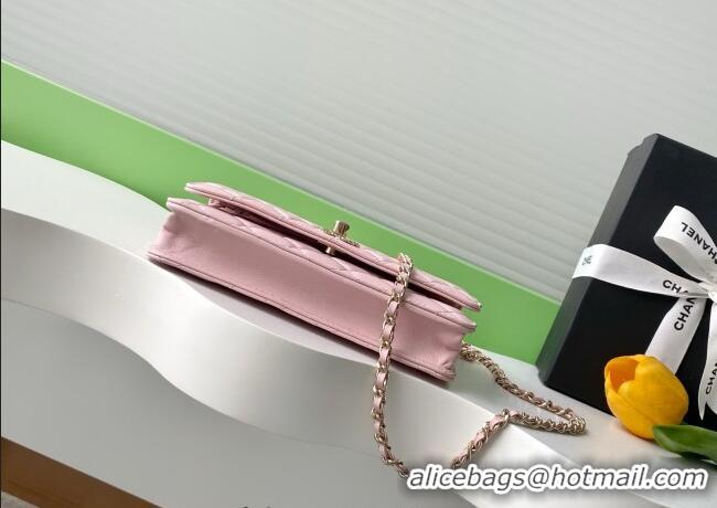 Top Grade Chanel Lambskin Wallet On Chain WOC with Strass and Top Band AP4323 Light Pink 2025
