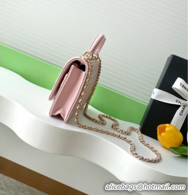 Top Grade Chanel Lambskin Wallet On Chain WOC with Strass and Top Band AP4323 Light Pink 2025