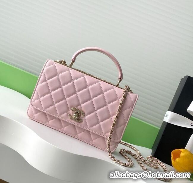 Top Grade Chanel Lambskin Wallet On Chain WOC with Strass and Top Band AP4323 Light Pink 2025