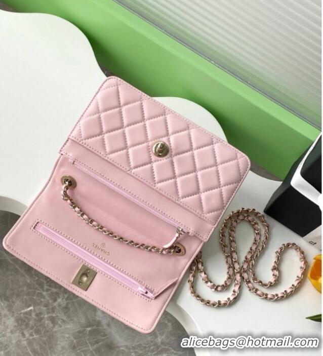 Top Grade Chanel Lambskin Wallet On Chain WOC with Strass and Top Band AP4323 Light Pink 2025