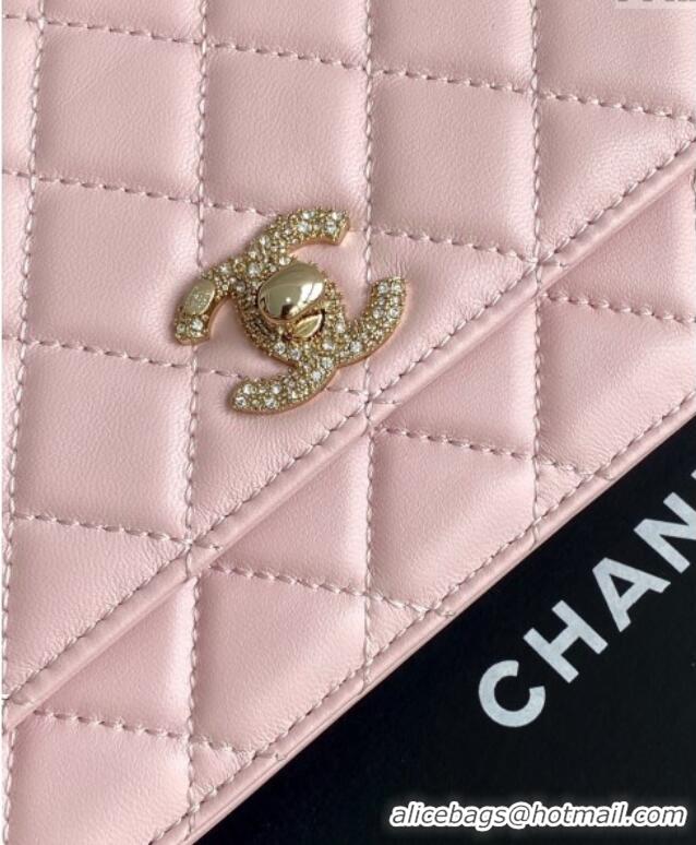Top Grade Chanel Lambskin Wallet On Chain WOC with Strass and Top Band AP4323 Light Pink 2025