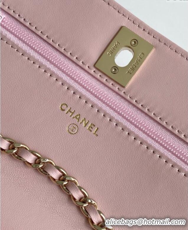 Top Grade Chanel Lambskin Wallet On Chain WOC with Strass and Top Band AP4323 Light Pink 2025