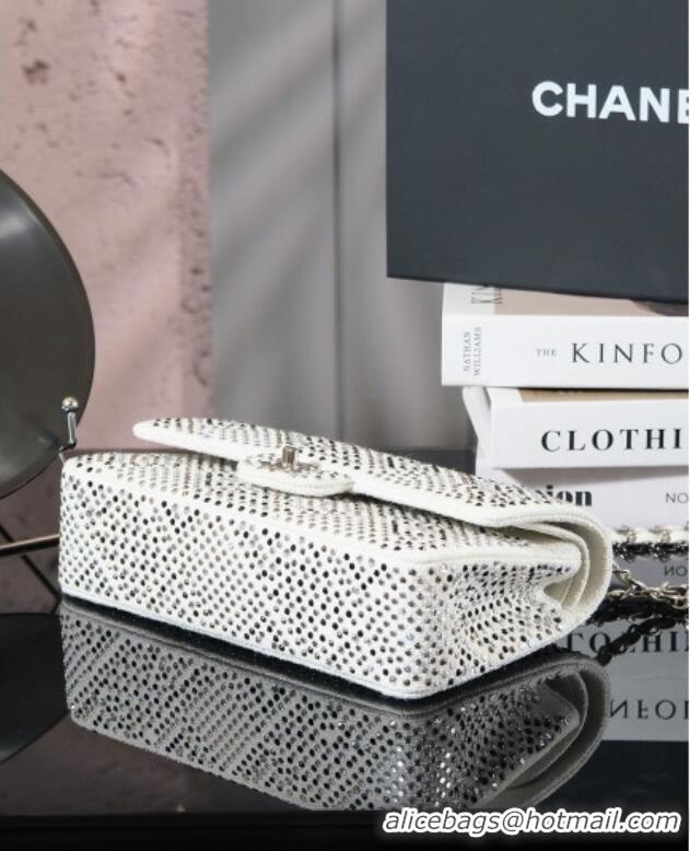 Top Grade Chanel Allover Strass & Fabric Classic Medium Flap Bag A01112 White 2025