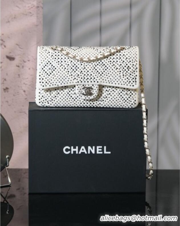 Top Grade Chanel Allover Strass & Fabric Classic Medium Flap Bag A01112 White 2025