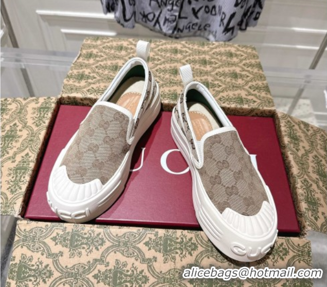 Pretty Style Gucci Chunky Platform Slip-on Sneakers in GG Canvas Beige 0609065