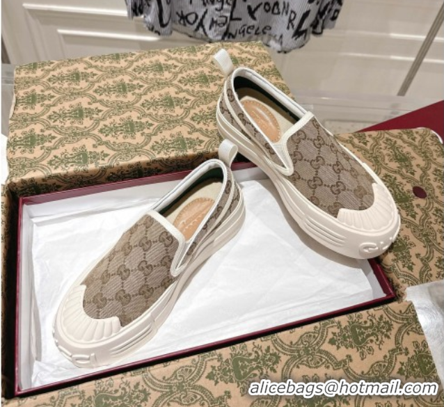 Pretty Style Gucci Chunky Platform Slip-on Sneakers in GG Canvas Beige 0609065