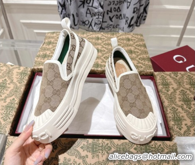 Pretty Style Gucci Chunky Platform Slip-on Sneakers in GG Canvas Beige 0609065