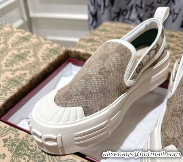 Pretty Style Gucci Chunky Platform Slip-on Sneakers in GG Canvas Beige 0609065