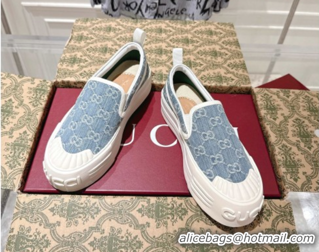 Best Grade Gucci Chunky Platform Slip-on Sneakers in GG Denim Blue 0609066