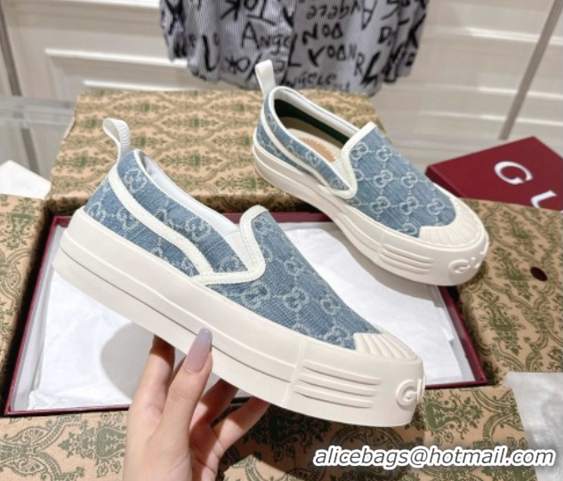 Best Grade Gucci Chunky Platform Slip-on Sneakers in GG Denim Blue 0609066