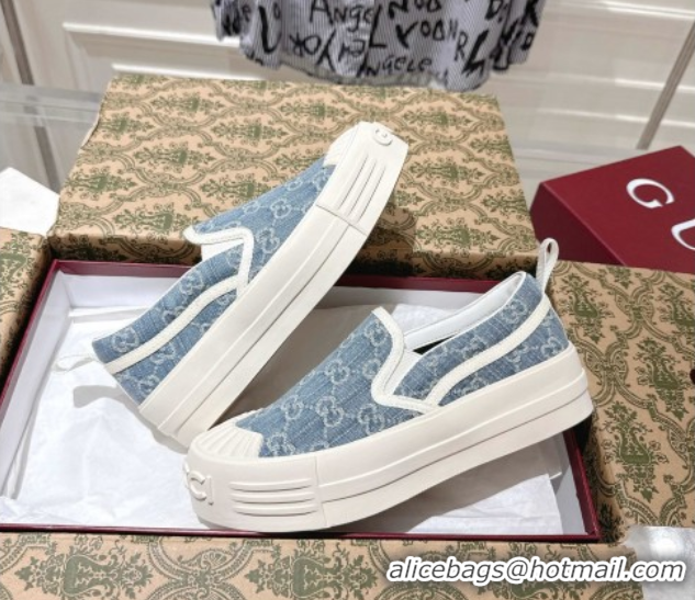 Best Grade Gucci Chunky Platform Slip-on Sneakers in GG Denim Blue 0609066