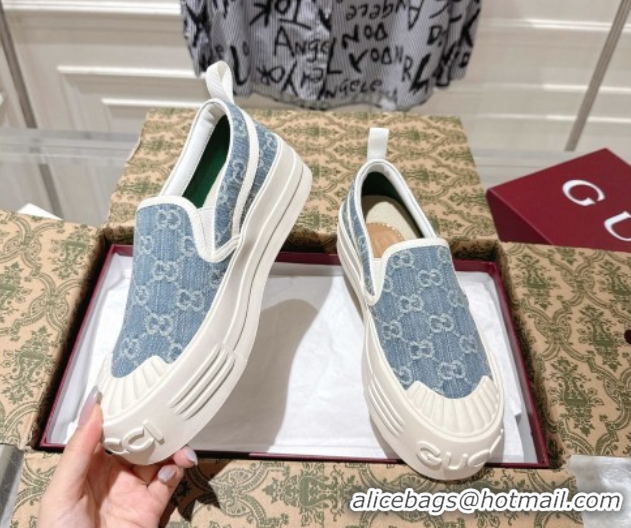 Best Grade Gucci Chunky Platform Slip-on Sneakers in GG Denim Blue 0609066