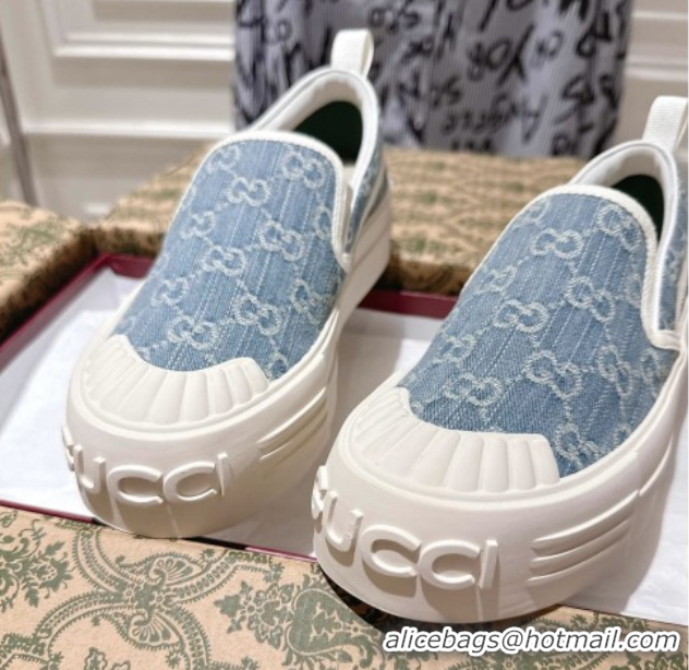 Best Grade Gucci Chunky Platform Slip-on Sneakers in GG Denim Blue 0609066
