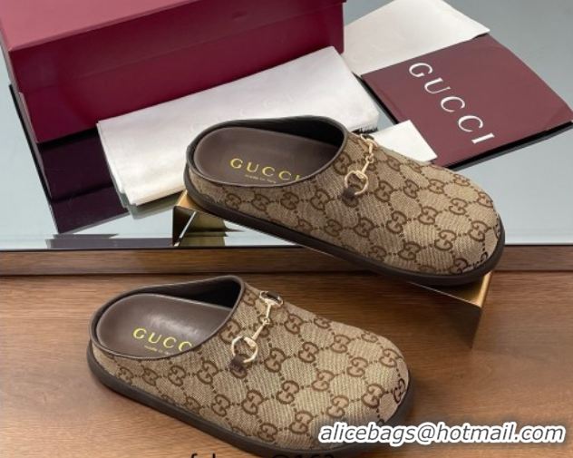 Best Product Gucci GG Canvas Mules with Horsebit Brown 0609069