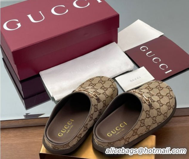 Best Product Gucci GG Canvas Mules with Horsebit Brown 0609069